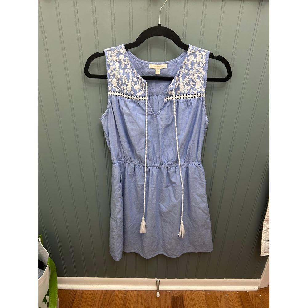 Skies Are Blue Chambray Embroidered Tassel Dress Women's Size S